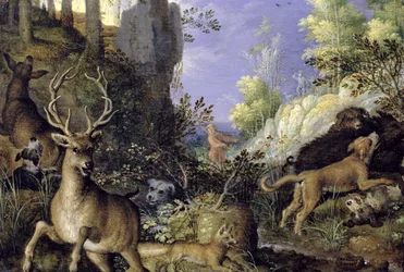 A Woodland Scene with Hunters and Animals